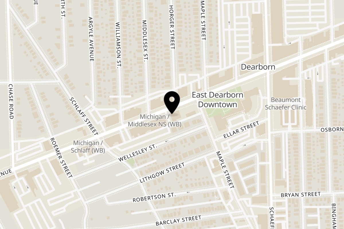 Map showing the location of Sheeba Restaurant East Dearborn on 13919 Michigan Avenue in Dearborn
